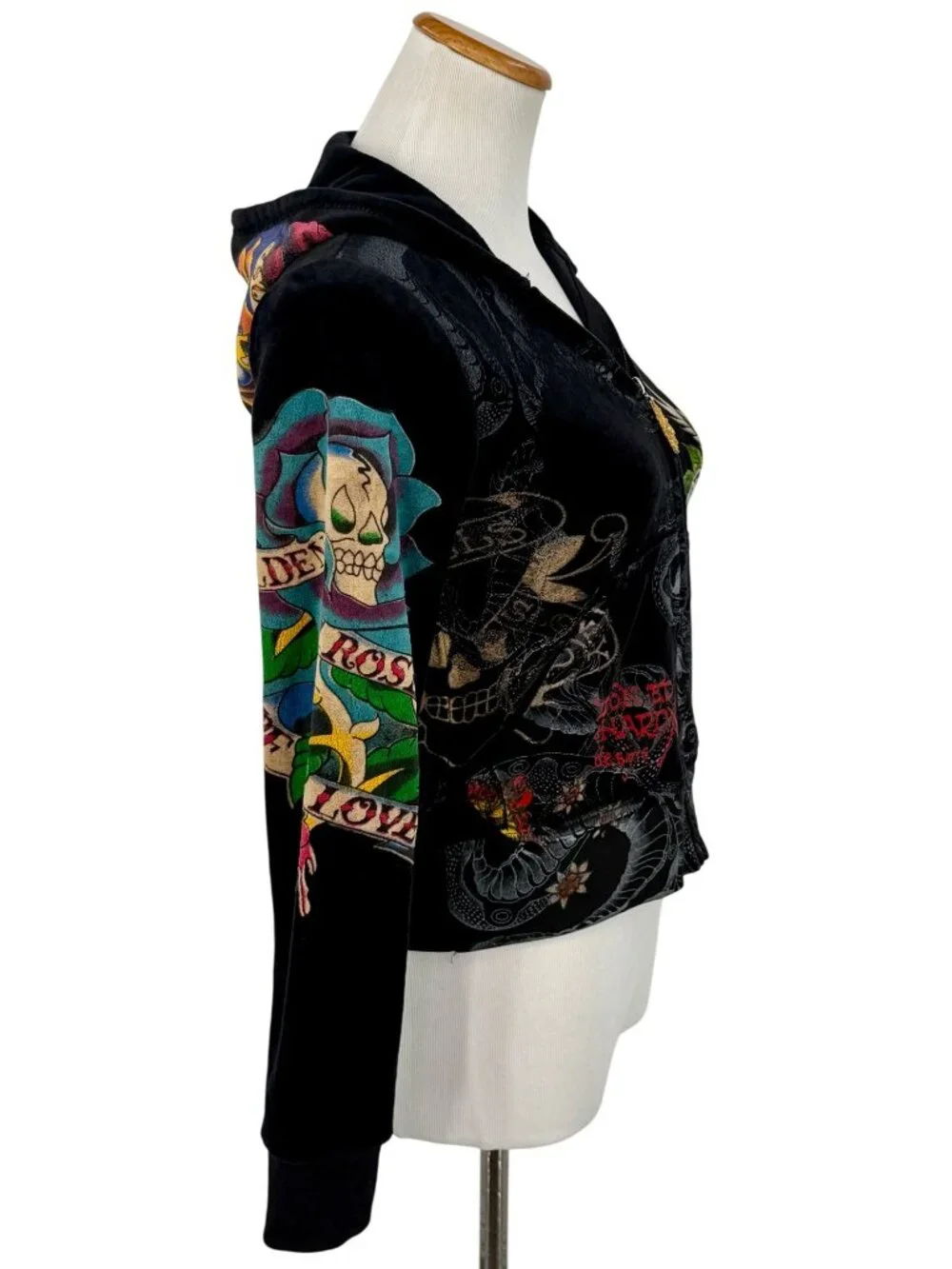 VTG Ed Hardy Black Velour Zip Up Tattoo Hoodie | McBling Indie Sleaze Trashy Y2K - Picture 12 of 16